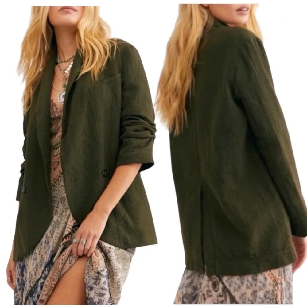 Free People Rowan Dark Olive Green Gauze Cotton Blazer‎ SMALL Jacket OB1112308